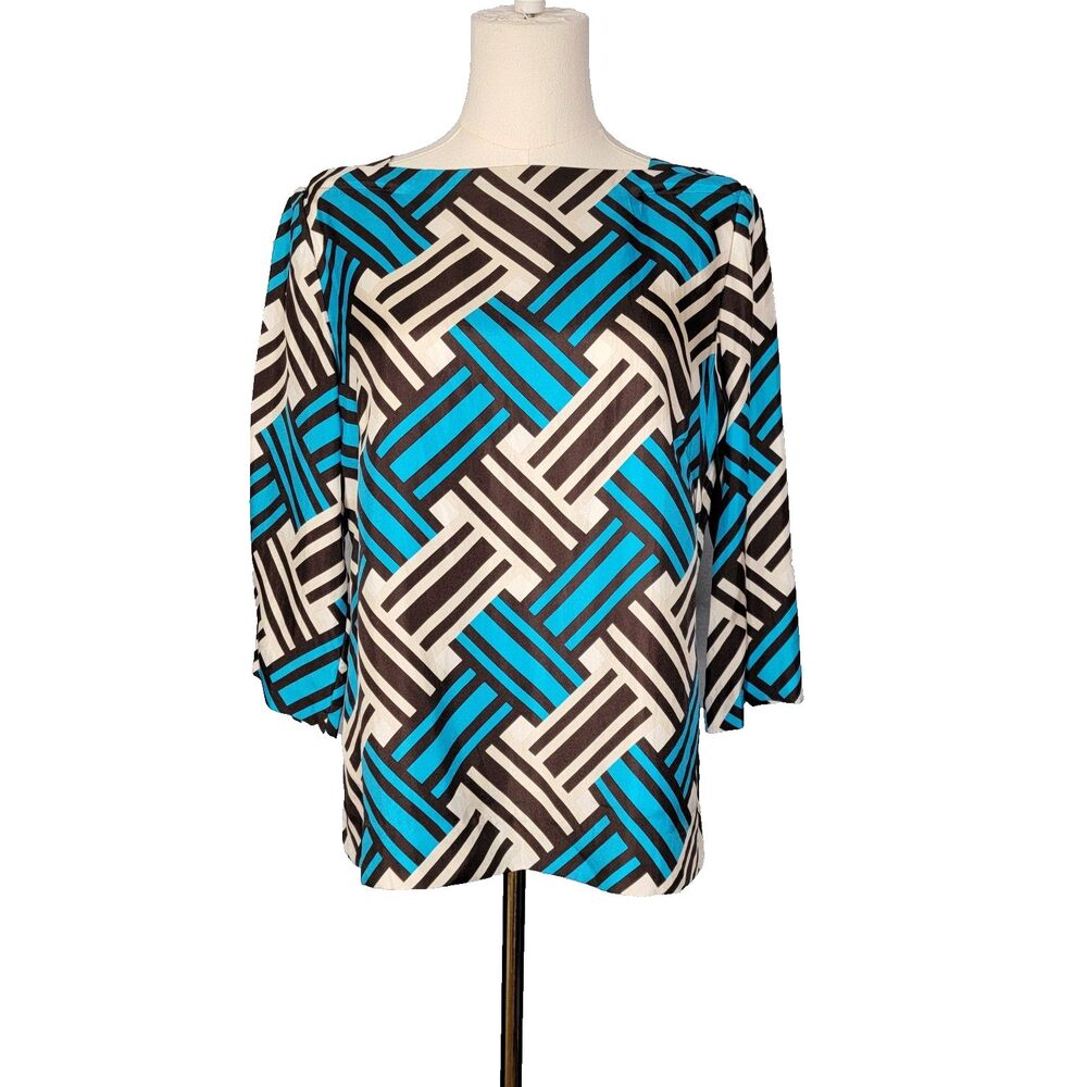 Milly New York Silk Top Size 6 Geometric Print Blue Brown Cream Made in USA VTG